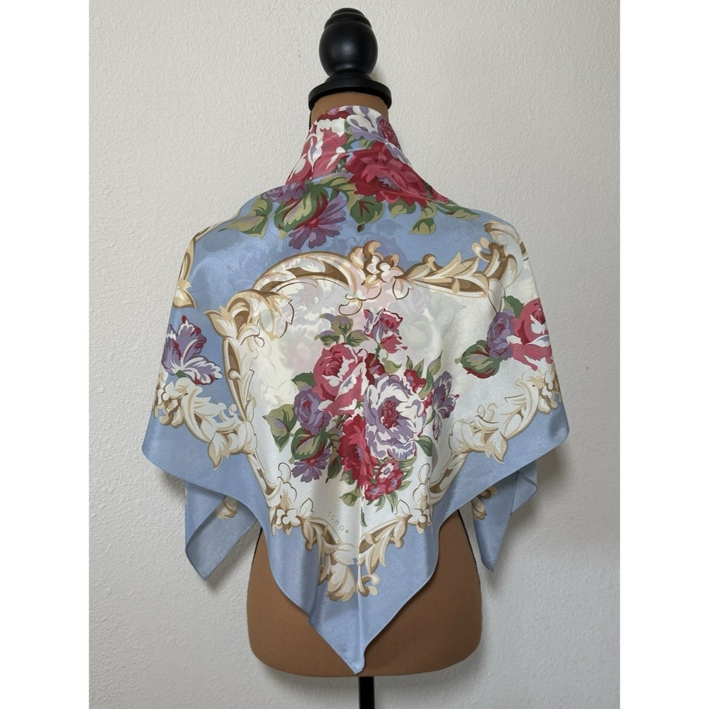 ECHO For Nordstrom Blue/Cream Floral Square 100% Silk Scarf 35"x35" Japan